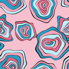 Wavy Distorted Rounds. Seamless Pattern with Deformed Circles. Hand Drawn Abstract Background. Vector Psychedelic Illustration with Colorful Spots. Wave Seamless Pattern for Fabric, Textile, Wrapping.