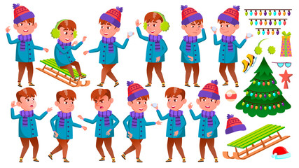 Boy Kid Poses Set Vector. Winter Holidays. Activity. Positive Child. For Postcard, Announcement, Cover Design. Isolated Cartoon Illustration