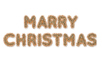 gold tinsel on white background, realistic illustration, merry Christmas,