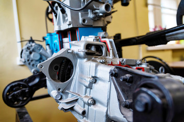 Close up view of internal combustion engine in driving school