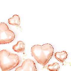 Air Balloons of heart shaped foil  on white background. Love concept. Holiday celebration. Valentine's Day or wedding/bachelorette party decoration. Metallic balloon