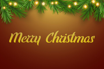Merry Christmas greeting card, christmas tree branches with garland, vector background