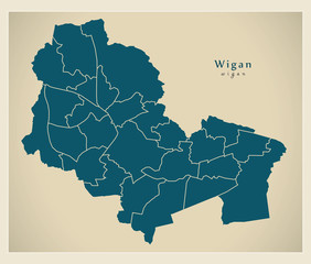 Modern City Map - Wigan city of England with wards UK