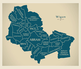 Modern City Map - Wigan city of England with wards and titles UK