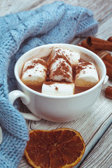 Hot chocolate with marshmallows on the table
