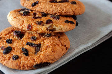 Shortbread cookies with raisins for tea lying on the table