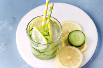 Glass of Detox Infused Water with Cucumber and Lemon Healthy Refreshing Drink From Above
