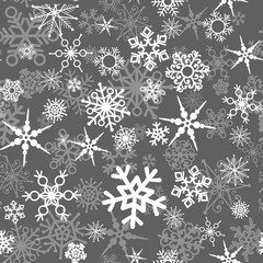 Vector seanless pattern. Snow flakes on the grey background.