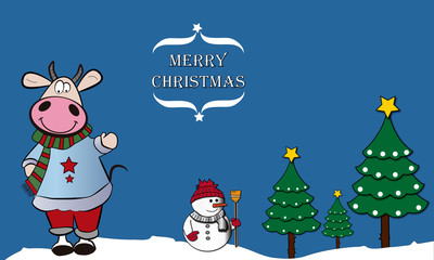 Christma con paisaje nevado y vaca.