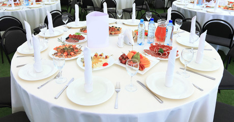 Fototapeta premium Serving table prepared for event party or wedding. in the restaurant