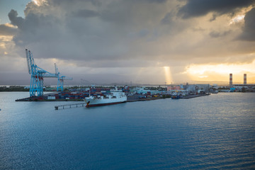 Pointe-a-Pitre, Guadeloupe - January 04, 2016: Cargo ships docked in the port of Pointe-a-Pitre in...