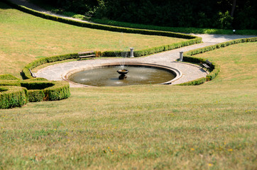 Park, fountain and lawn