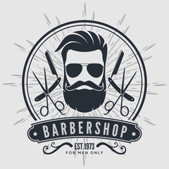 Barber shop vintage label, badge, or emblem on gray background. Vector illustration