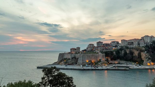 Ulcinj Skyline old otwn view from day to night timelpase Montenegro, Albania. View of sea.