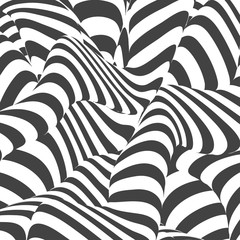 Black and white design. Abstract striped background. Optical illusion effect. Geometric tile in op art style. Vector illusive background, texture. Futuristic element, technologic design.