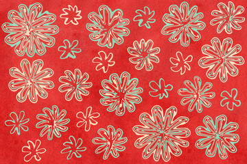 Watercolor abstract flowers on red background