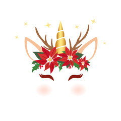 Christmas unicorn face. Cute unicorn character vector graphic design for Christmas. Cartoon reindeer unicorn head with poinsettia flower, holly crown and antlers. Christmas holiday card. © Wink Images