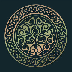 Copper patina round symbol with celtic elements. Vector illustration isolated on the dark background.