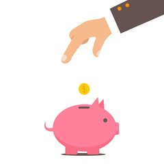 Piggy bank and hand with coin color illustration. Vector business concept c