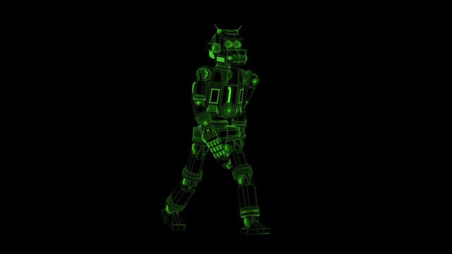 Wireframe Robot from the luminous contours as X-ray radiography is walk. 3d render looped animation