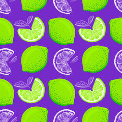 Lime seamless pattern. Colorful sketch limes. Citrus fruit background. Elements for menu, greeting cards, wrapping paper, cosmetics packaging, posters etc