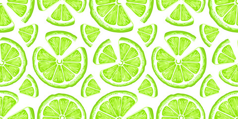 Lime seamless pattern. Colorful sketch limes. Citrus fruit background. Elements for menu, greeting cards, wrapping paper, cosmetics packaging, posters etc