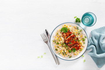 roasted bbq chicken with quinoa sweetcorn onion, healthy lunch