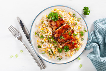 roasted bbq chicken with quinoa sweetcorn onion, healthy lunch