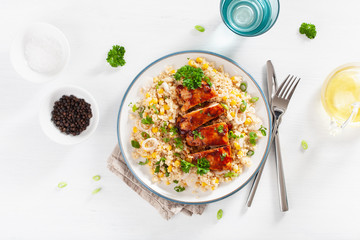 roasted bbq chicken with quinoa sweetcorn onion, healthy lunch