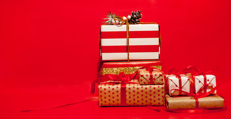 christmas gifts on red background
