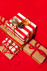 christmas gifts on red background