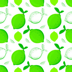 Lime seamless pattern. Colorful sketch limes. Citrus fruit background. Elements for menu, greeting cards, wrapping paper, cosmetics packaging, posters etc