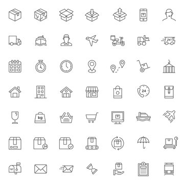 big set of cargo and delivery icons vector design with simple outline and modern style, editable stroke