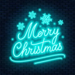 Neon lettering Merry Christmas on dark background. Greeting card .