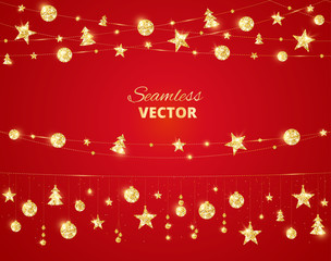 Christmas golden decoration on red background. Holiday vector frame, border.