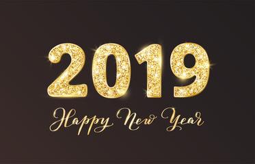 2019 glitter typography design. Happy New Year text, calligraphy. Golden sparkling numbers on black background