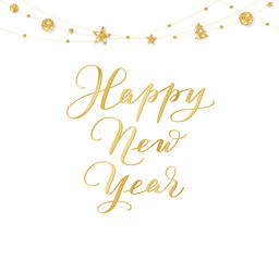 Background with Happy New Year hand drawn calligraphy. Christmas golden glitter decoration on a string
