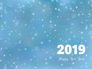 2019 typography design. Winter season background with falling snow. Happy New Year text, calligraphy