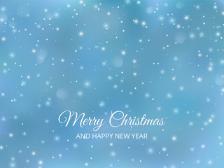 Fototapeta na wymiar Vector holiday background with falling snow. Merry Christmas and Happy New Year text, typography