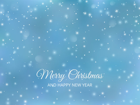 Vector holiday background with falling snow. Merry Christmas and Happy New Year text, typography