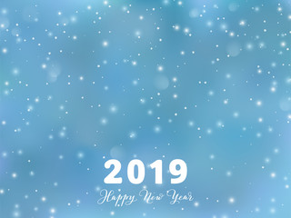 2019 typography design. Winter season background with falling snow. Happy New Year text, calligraphy