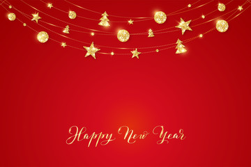 Banner with Happy New Year calligraphy. Christmas golden glitter decoration on a string
