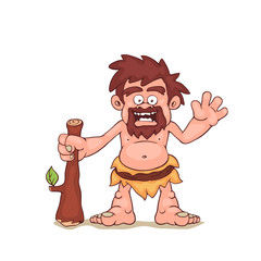 Caveman smiles. Barbarian isolated on white background. Front view. Vector illustration, eps 10.