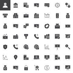 Financial vector icons set, modern solid symbol collection, filled style pictogram pack. Signs, logo illustration. Set includes icons as Dollar User, Bank building, Calculator, Money, Credit card, Atm
