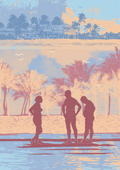 Naklejka na ściany i meble Beach vacation. Decorative background with people on the beach, palms and textures. A place for your text on a vacation and beach holiday. Vector illustration