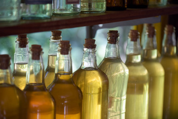 Brazilian drink: bottles of cachaca, or traditional Brazilian liquor, seasoned with herbs