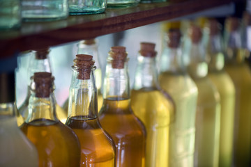 Brazilian drink: bottles of cachaca, or traditional Brazilian liquor, seasoned with herbs