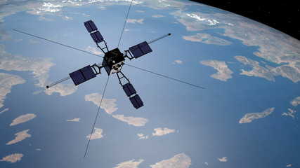 Satellite scientifico ARASE, in orbita intorno alla terra, 3D rendering, illustrazione