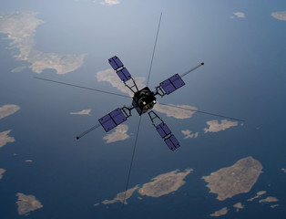 Satellite scientifico ARASE, in orbita intorno alla terra, 3D rendering, illustrazione © robynt