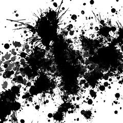  Isolated artistic black watercolor and ink splatter textures and decorative elements on white wall background.